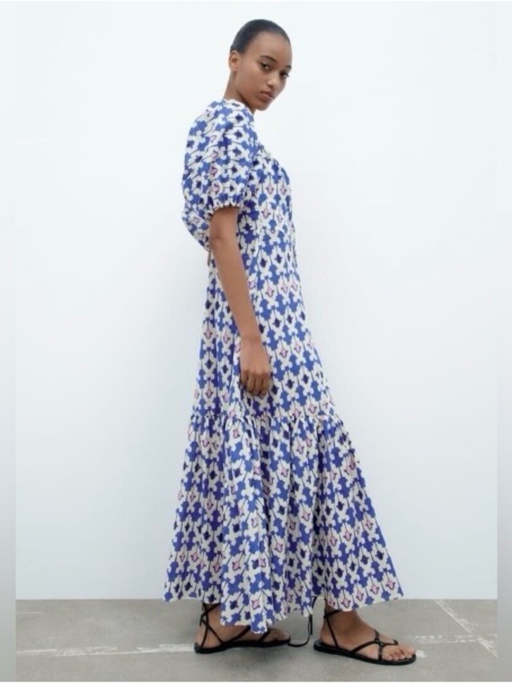 Graphic 100% Cotton Blue & Pink Patterned Puff-Sleeve Maxi Dress | Zara - Picture 2 of 15